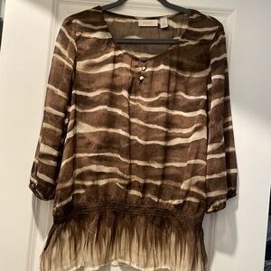 Chico’s Tunic Top Size M Brown Ivory Zebra Print Sheer Peplum Bohemian Flared